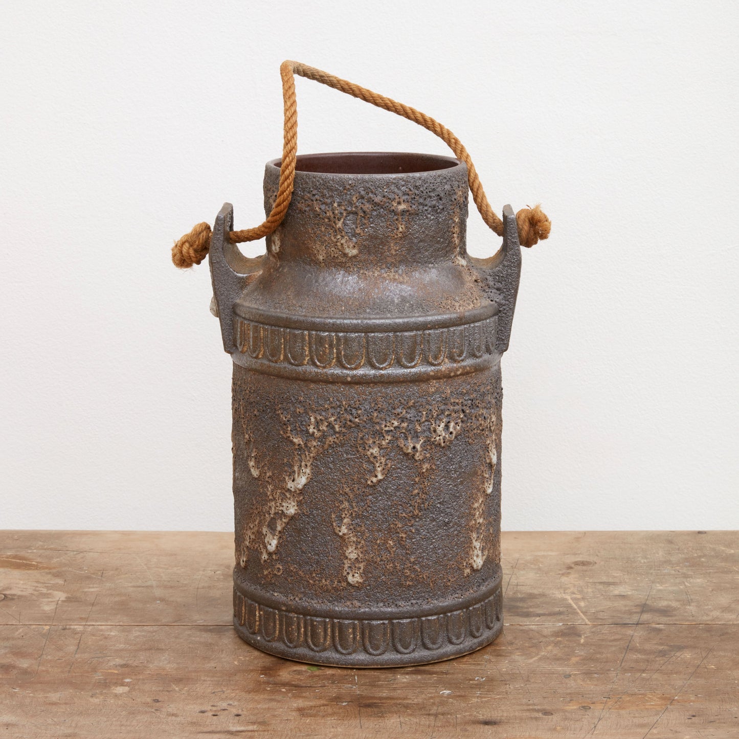 Brutalist Salt Glazed Rope Handled Ceramic Vase