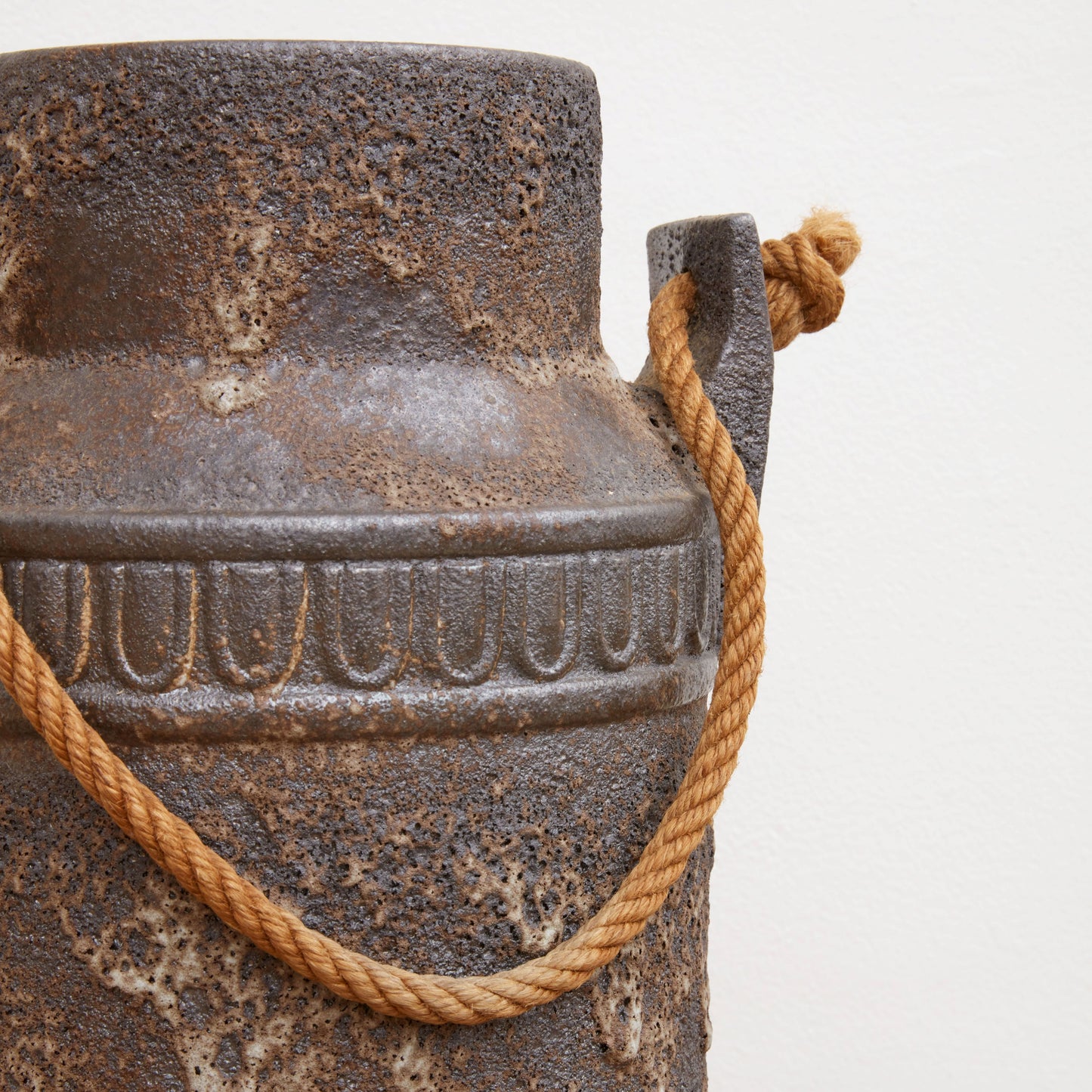 Brutalist Salt Glazed Rope Handled Ceramic Vase