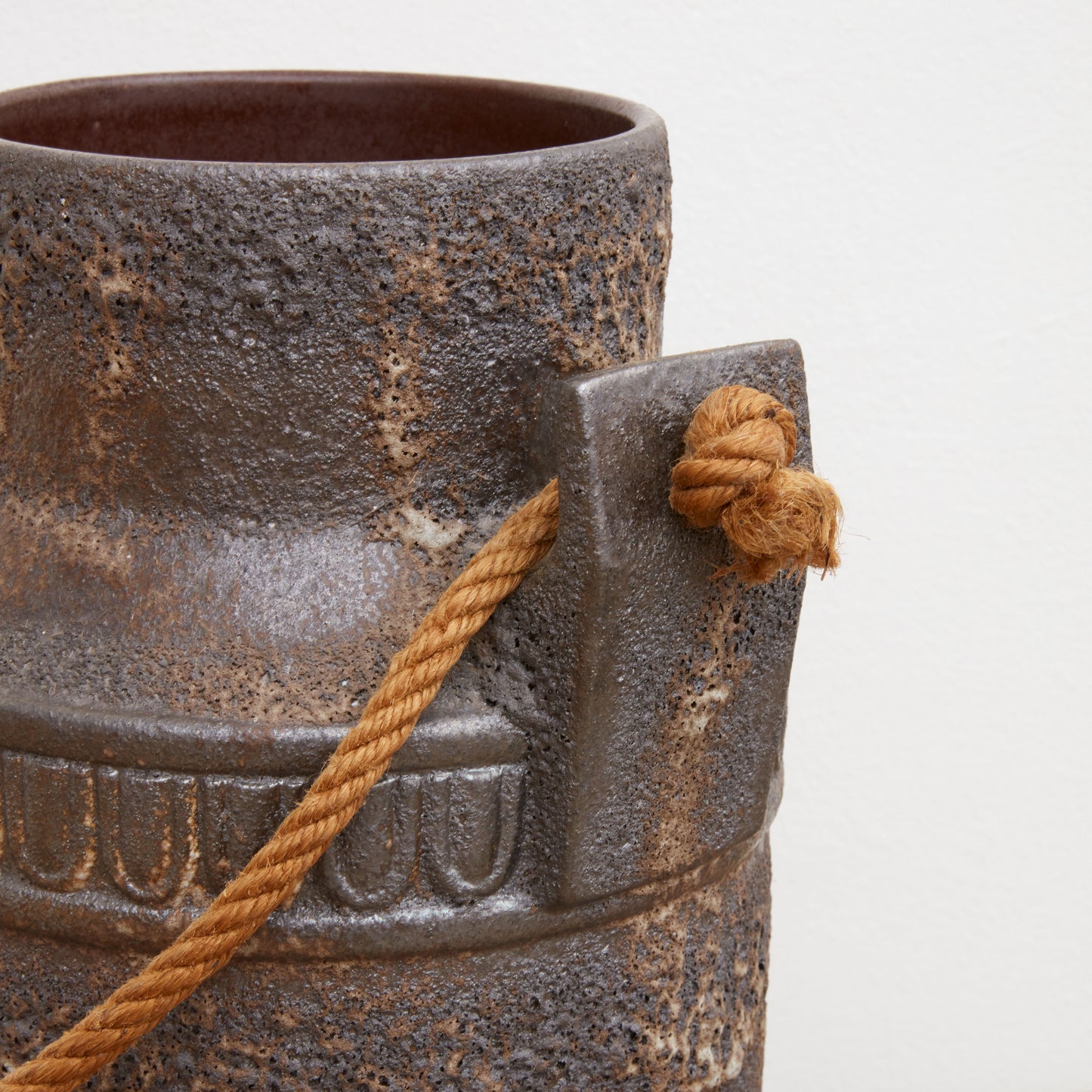 Brutalist Salt Glazed Rope Handled Ceramic Vase