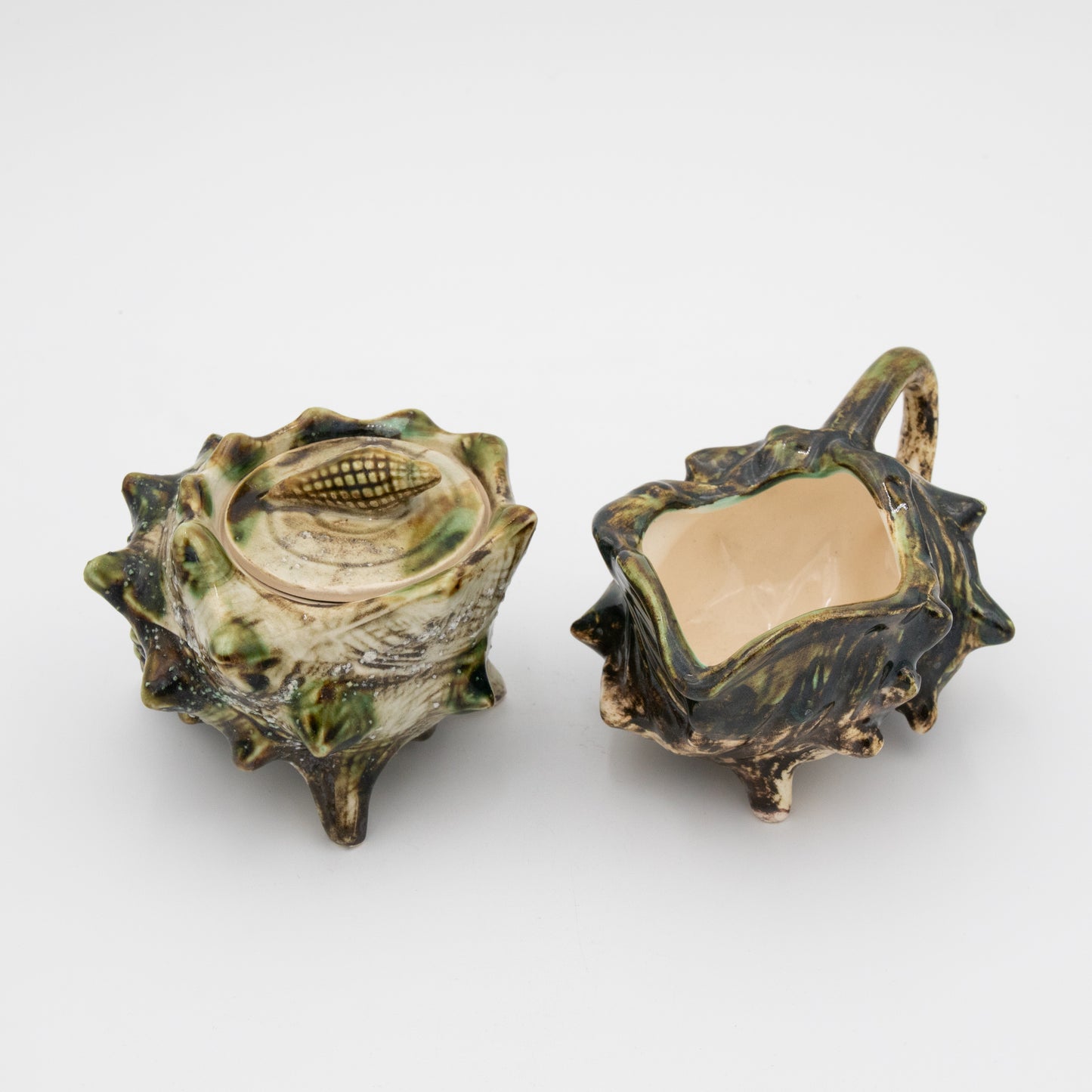 Majolica Porcelain Conch - Cream Pitcher + Sugar Bowl Set
