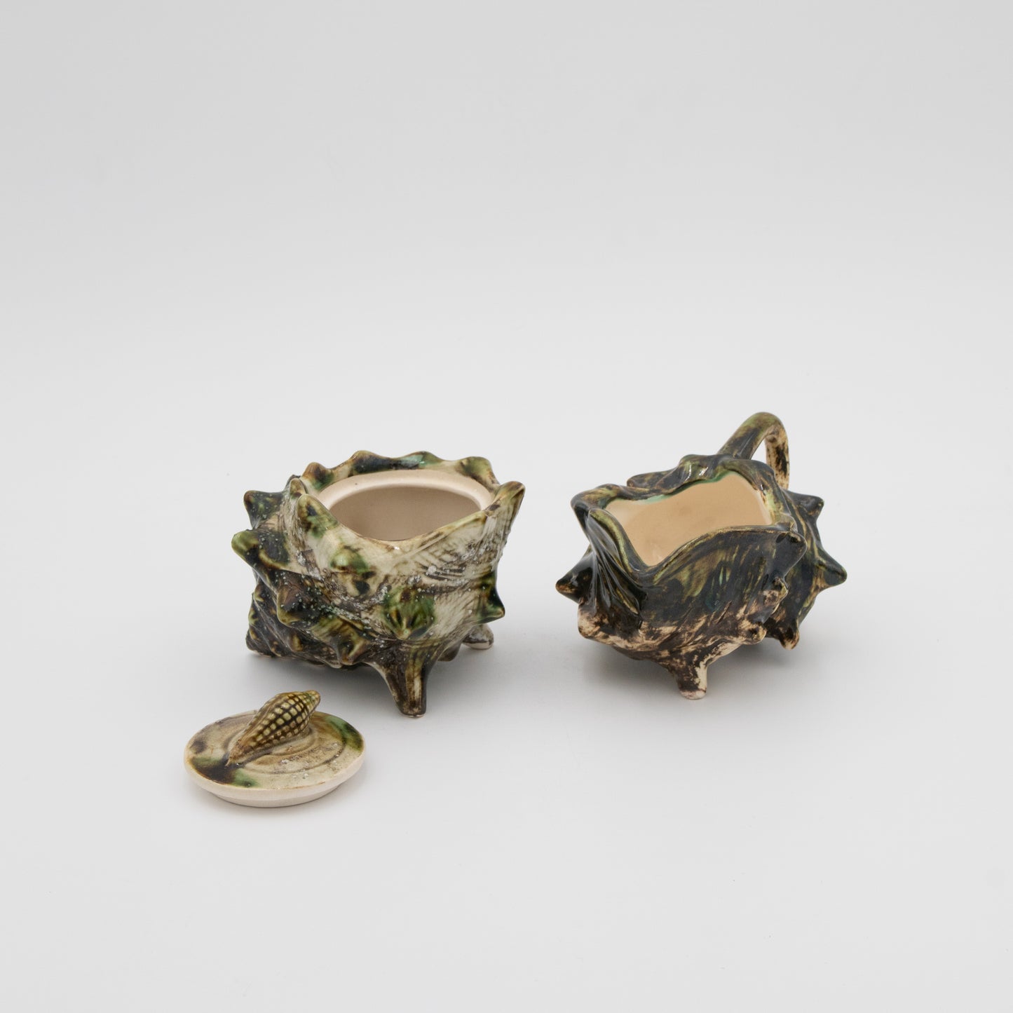 Majolica Porcelain Conch - Cream Pitcher + Sugar Bowl Set