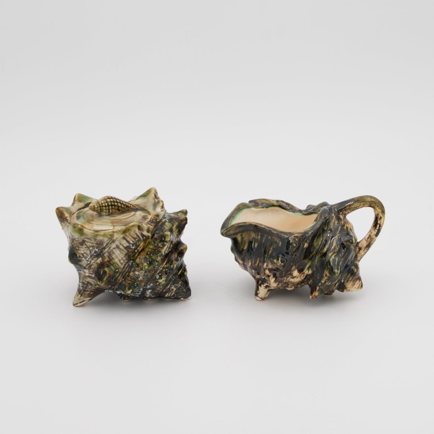 Majolica Porcelain Conch - Cream Pitcher + Sugar Bowl Set