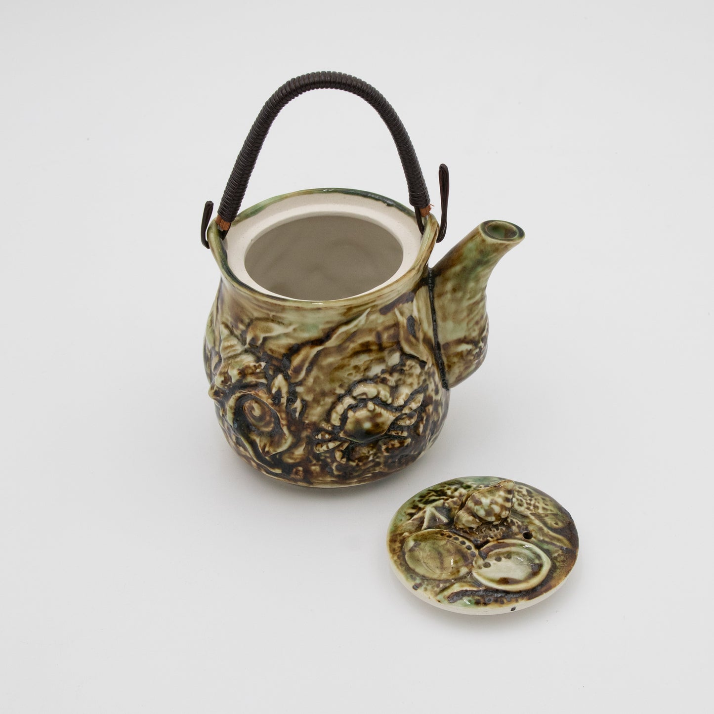 Majolica Ceramic Shell Seascape - Teapot with Wire Handle