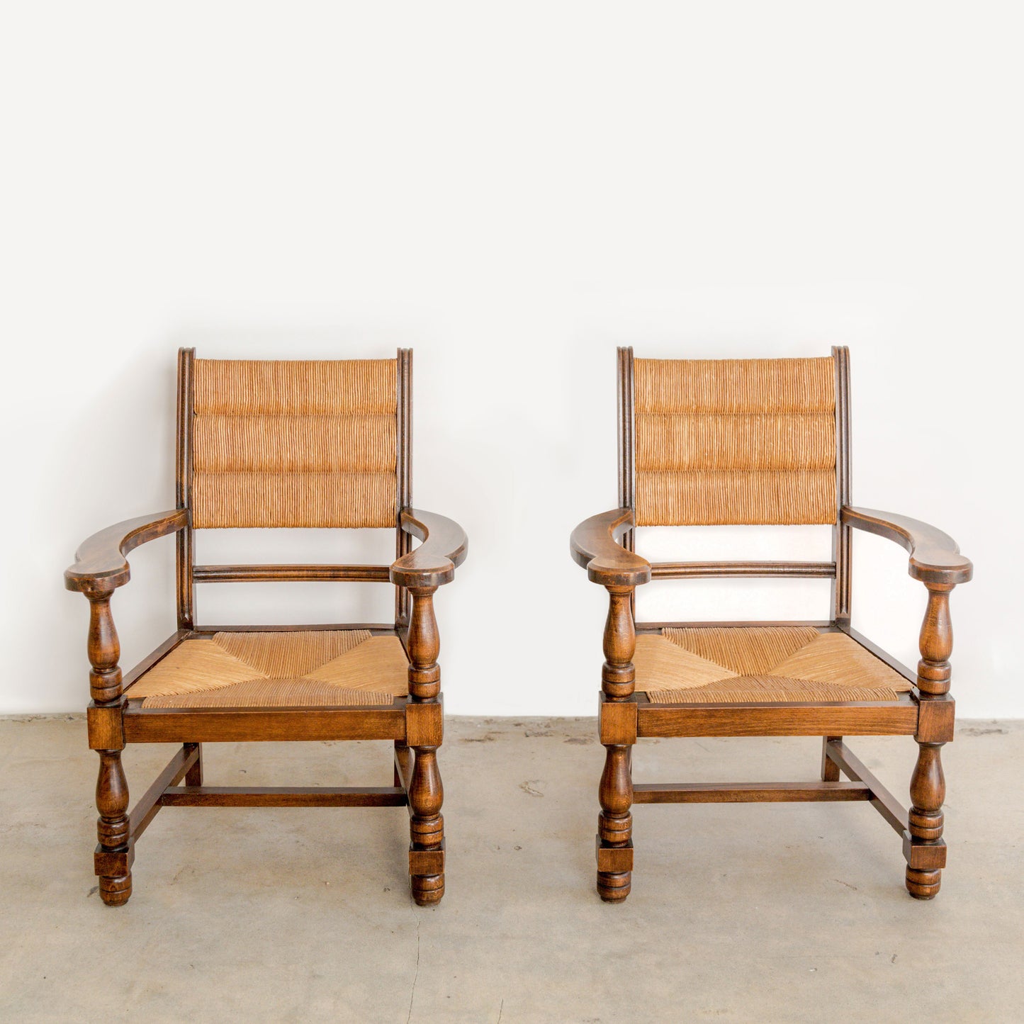 Turned Chestnut Frame + Rush Armchairs