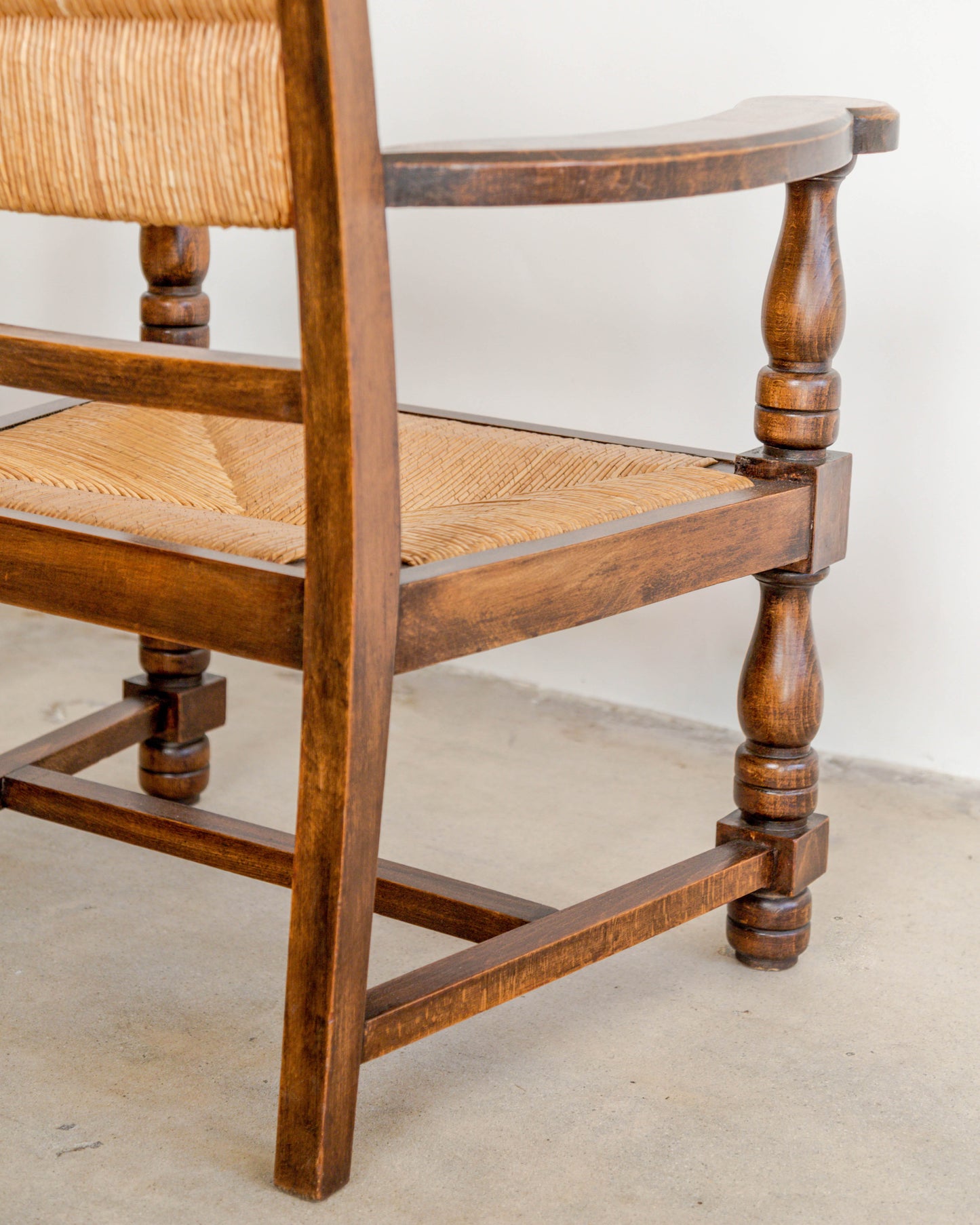 Turned Chestnut Frame + Rush Armchairs