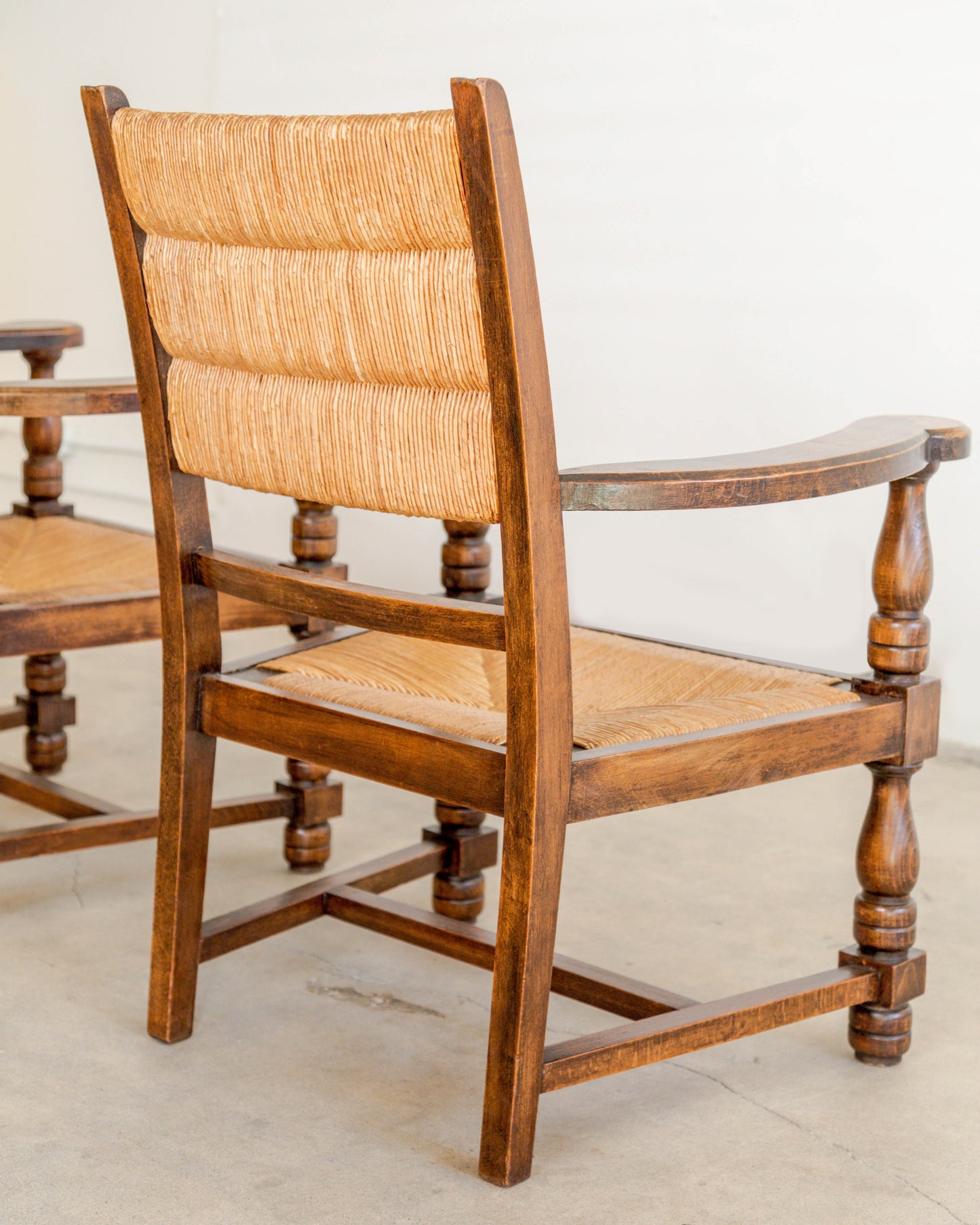 Turned Chestnut Frame + Rush Armchairs