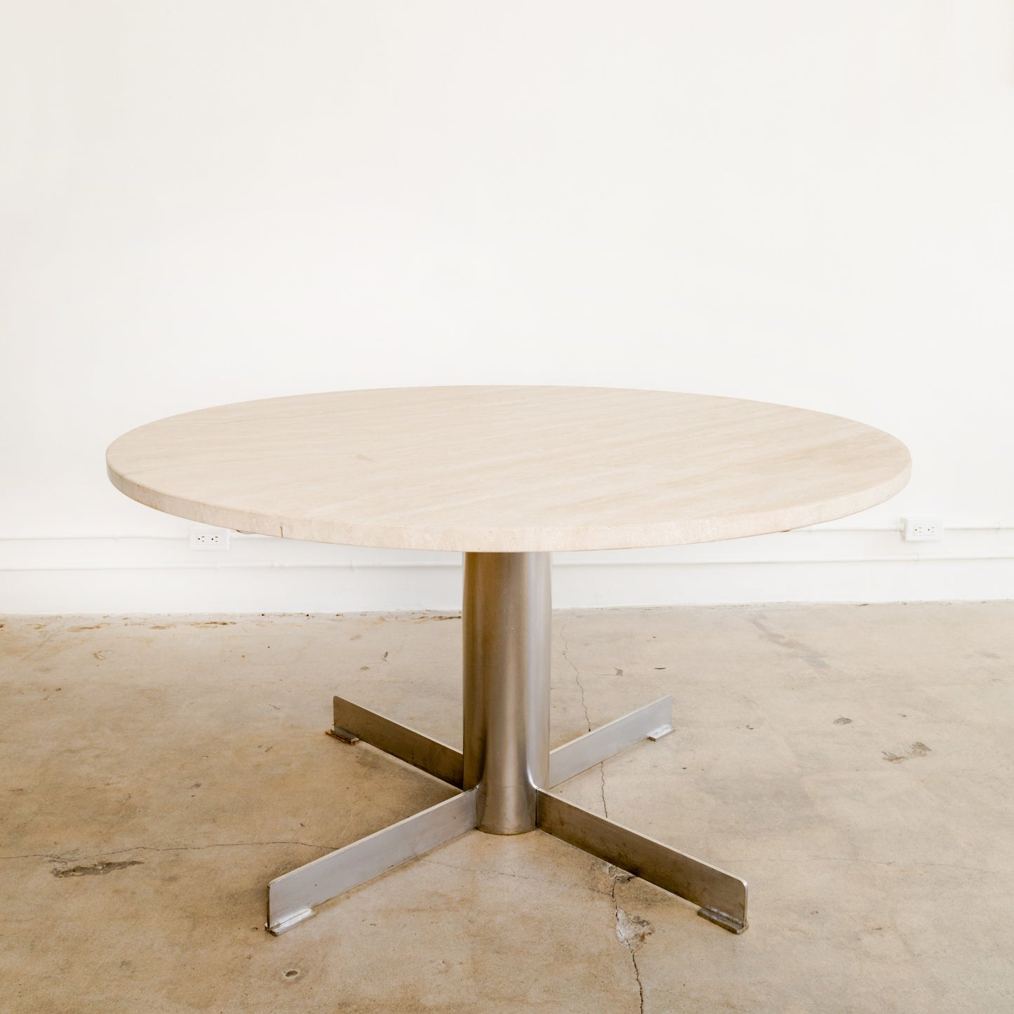 Travertine + Chrome Pedestal Dining Table